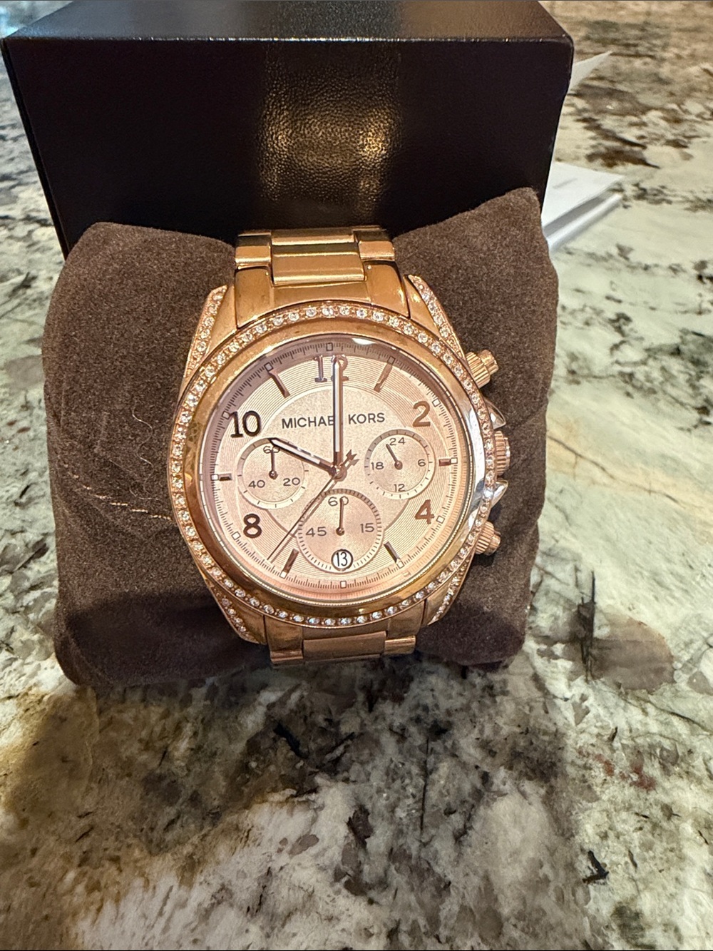 Michael Kors Rose Gold-Tone Crystal Bezel Chronograph Watch